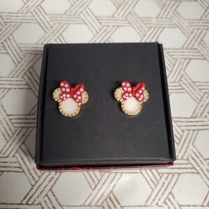 Gold Red Bow Knot Disney Mickey Minnie Mouse CZ Shell Stud Earrings NEW